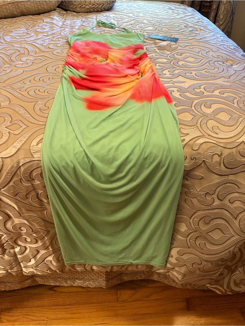 Steve Madden Green & Coral Ombre Ruched Bodycon Halter Dress NWT